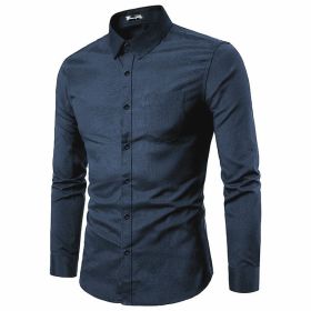 Men's Casual Shirt Long Sleeve Button Down Oxford Textured Dress Shirts (Color: Navy, size: L)