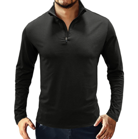 Men's Casual Polo Shirts 1/4 Zip Long Sleeve Shirt Outdoor Stand Up Collar Slim Fit Shirts (Color: Black, size: XL-Large)