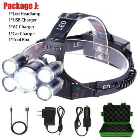 T20 LED Headlamp High Lumen 3/5 LED Light Ultra Bright Headlight USB Rechargeable 4 Modes Flashlight Waterproof Fishing Hunting (Body Color: With 2x18650 Battery, Emitting Color: 5LED Package J)