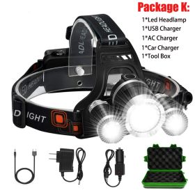 T20 LED Headlamp High Lumen 3/5 LED Light Ultra Bright Headlight USB Rechargeable 4 Modes Flashlight Waterproof Fishing Hunting (Body Color: No Battery, Emitting Color: 3LED Package K)