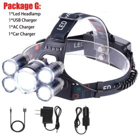 T20 LED Headlamp High Lumen 3/5 LED Light Ultra Bright Headlight USB Rechargeable 4 Modes Flashlight Waterproof Fishing Hunting (Body Color: With 2x18650 Battery, Emitting Color: 5LED Package G)