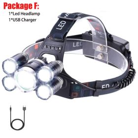 T20 LED Headlamp High Lumen 3/5 LED Light Ultra Bright Headlight USB Rechargeable 4 Modes Flashlight Waterproof Fishing Hunting (Body Color: With 2x18650 Battery, Emitting Color: 5LED Package F)