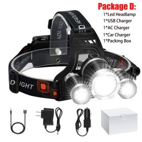 T20 LED Headlamp High Lumen 3/5 LED Light Ultra Bright Headlight USB Rechargeable 4 Modes Flashlight Waterproof Fishing Hunting (Body Color: With 2x18650 Battery, Emitting Color: 3LED Package D)