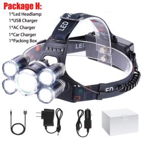 T20 LED Headlamp High Lumen 3/5 LED Light Ultra Bright Headlight USB Rechargeable 4 Modes Flashlight Waterproof Fishing Hunting (Body Color: No Battery, Emitting Color: 5LED Package H)