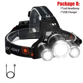 T20 LED Headlamp High Lumen 3/5 LED Light Ultra Bright Headlight USB Rechargeable 4 Modes Flashlight Waterproof Fishing Hunting (Body Color: With 2x18650 Battery, Emitting Color: 3LED Package B)