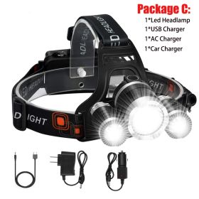 T20 LED Headlamp High Lumen 3/5 LED Light Ultra Bright Headlight USB Rechargeable 4 Modes Flashlight Waterproof Fishing Hunting (Body Color: With 2x18650 Battery, Emitting Color: 3LED Package C)