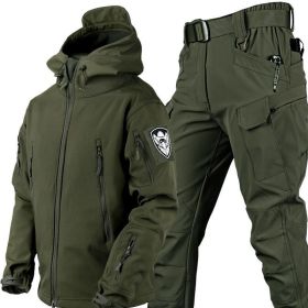 Outdoor Shark Skin Warmth Jackets Pants Set Men Tactical Camo Autumn Winter Thickened Coat Soft Shell Large Size Jacket (Color: Green, size: 4XL)