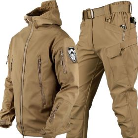 Outdoor Shark Skin Warmth Jackets Pants Set Men Tactical Camo Autumn Winter Thickened Coat Soft Shell Large Size Jacket (Color: Brown, size: XXL)