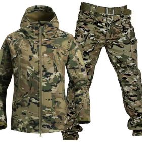 Outdoor Shark Skin Warmth Jackets Pants Set Men Tactical Camo Autumn Winter Thickened Coat Soft Shell Large Size Jacket (Color: CP, size: XL)