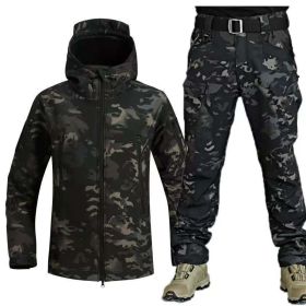 Outdoor Shark Skin Warmth Jackets Pants Set Men Tactical Camo Autumn Winter Thickened Coat Soft Shell Large Size Jacket (Color: Black CP, size: XL)