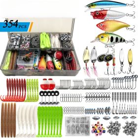 280Pcs/354Pcs Fishing bait set, water hook set for bass trout salmon, including minnow popper spoon bait, soft plastic worm bait, jig head hook (Quantity: 354)